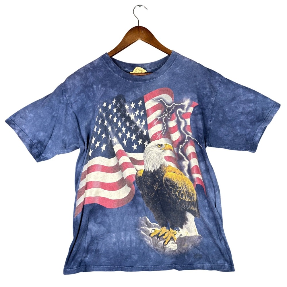 Vintage 90s The Mountain Eagle American Lightning Tie Dye T-Shirt Blue Mens Sz M